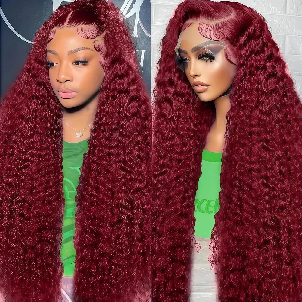 99J Burgundy Colored Deep Wave - Lace Front Wigs ulasan dan harga