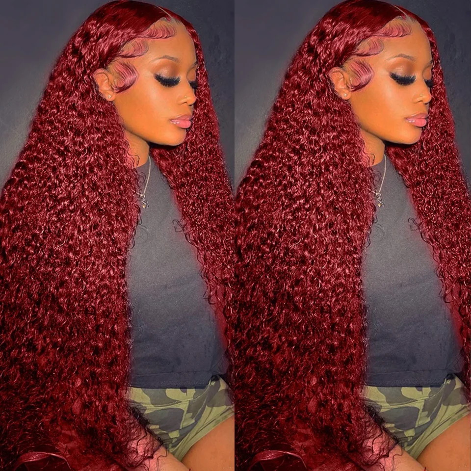 99J Burgundy Colored Deep Wave - Lace Front Wigs ulasan dan harga