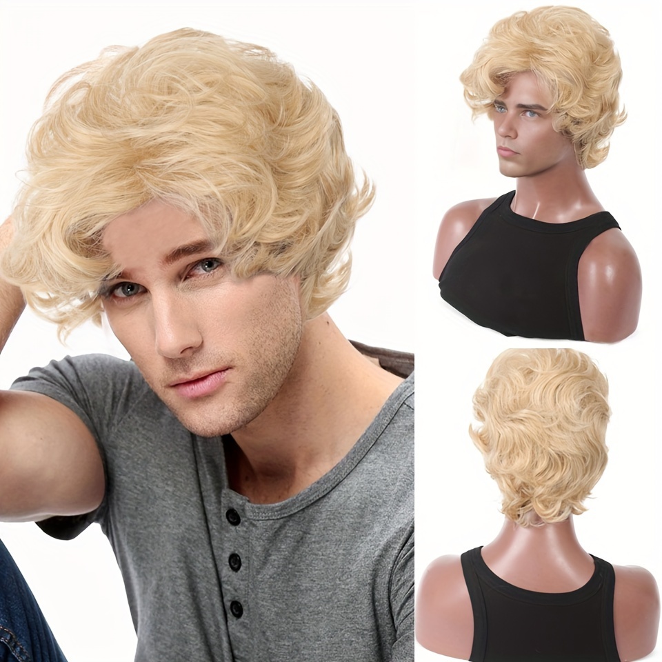 Mens Blonde Wig Short Wavy Flu - Synthetic Wigs ulasan dan harga